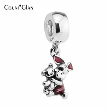 Cerise Transparent Enamel Dangle charms 925 sterling silver Animals Piglet adjustment bead Fit Women bracelet DIY