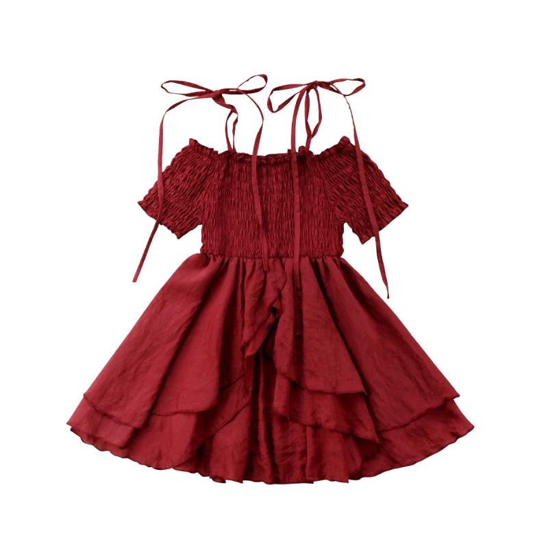Одинаковые Семейные платья для девочек с открытыми плечами на бретельках и оборками; платье-пачка; сарафан для мамы и дочки; летние платья винно-красного цвета