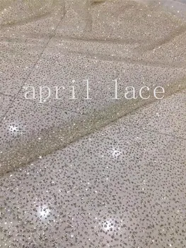 

free ship 5 yards/bag AA1529 # champagne gold color dot african glued glitter hand print tulle net mesh fabric for wedding