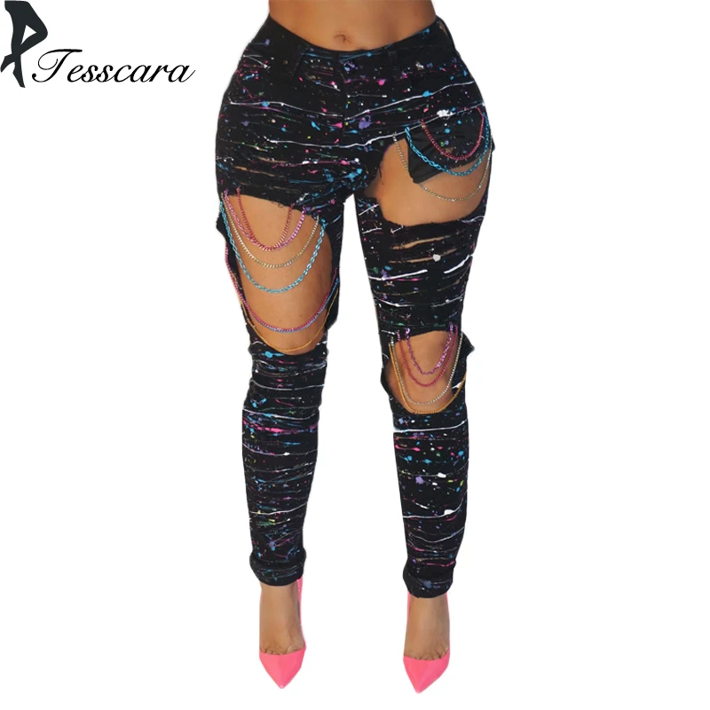 

Brand Women Skinny Slim Pencil Jeans Casual Pants Female Big Hole Ripped Tassel Sexy Jeanse Girl Chain Elasticity Denim Bottom