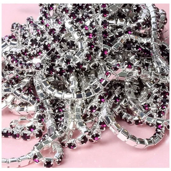 Dark Purple 1 метр, пришитые хрустальные стразы, цепочка SS6 SS8 SS10 SS12, серебряная основа, плотные стеклянные стразы, отделка, сделай сам, Аксессуары для красоты - Цвет: Dark Purple