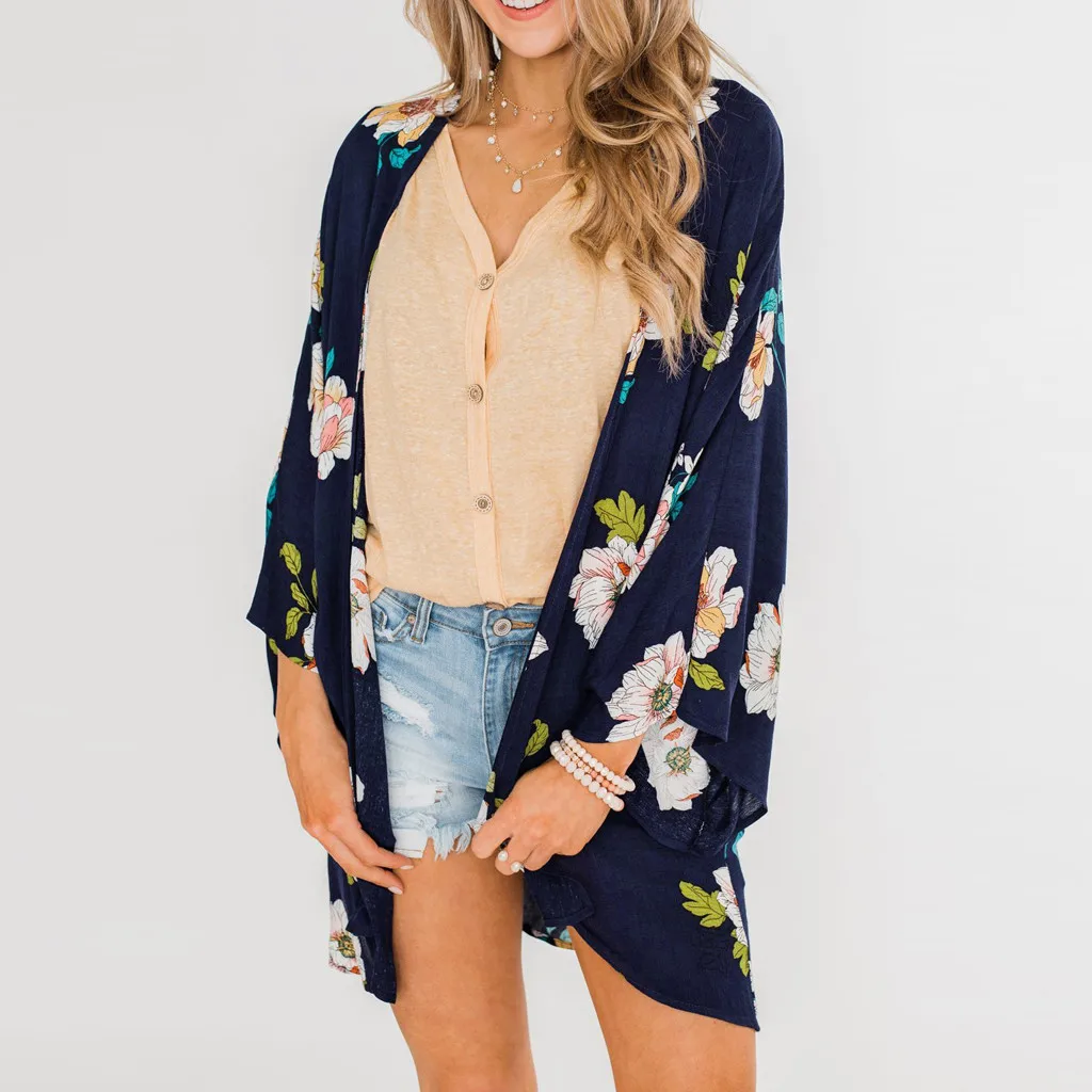 

2019 Sumemr Women Chiffon Floral Print Bikini Cover Up Cardigan Kaftan Beach Dress Beachwear Swimsuit Pareos Beach Tunics Mujer
