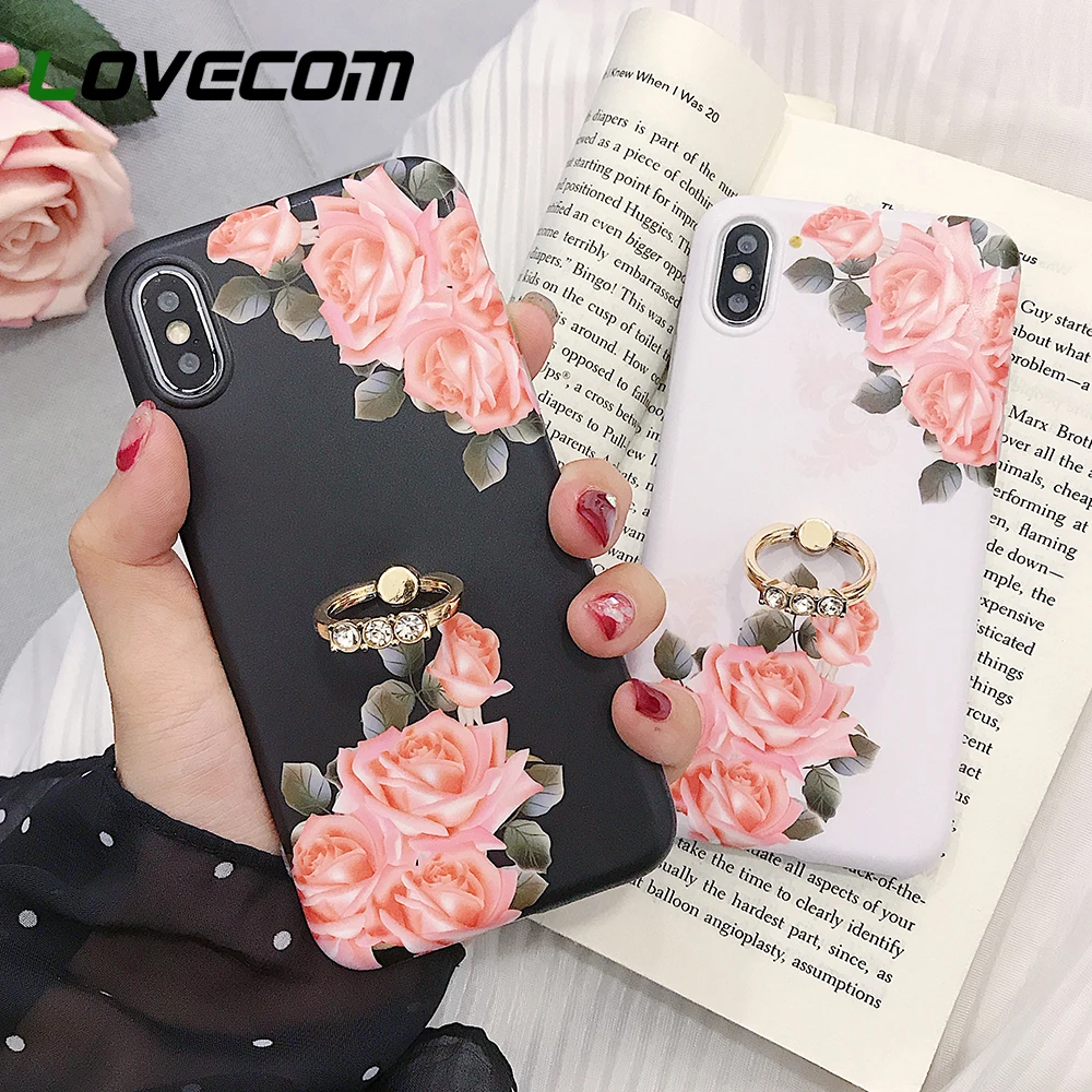 

LOVECOM Vintage Rose Flower Cases For iPhone XS Max XR 6 6S 7 8 Plus X XS Matte Soft IMD with Ring Holder Phone Back Cover Gifts