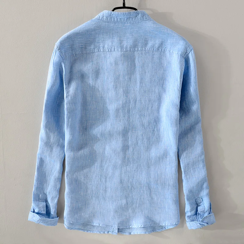 Goedkoop Nieuwe stijl lange mouwen linnen shirt mannen merk solid katoen mannen shirt casual stand kraag heren shirts chemise dropshipping