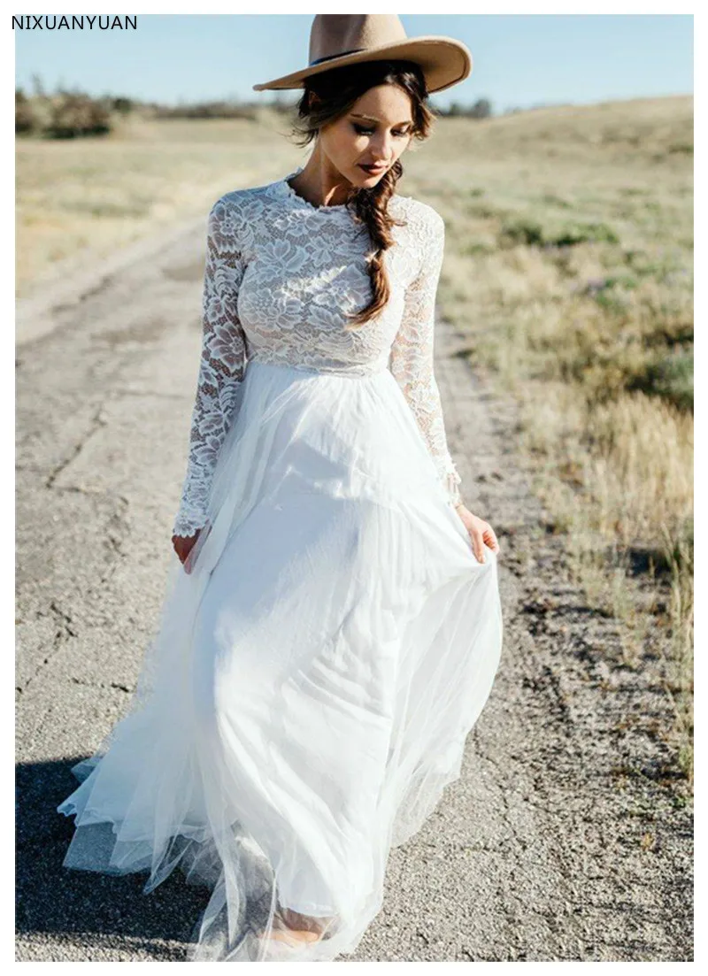 

Boho Simple Long Sleeve Wedding Dress 2019 Robe De Mariee Vintage Lace Top New Bridal Dress Puffy Tulle Wedding Dresses