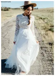 Boho простое свадебное платье с длинным рукавом 2019 Robe De mariée Винтажный кружевной топ Новое свадебное платье пышное Тюлевое свадебное платье es