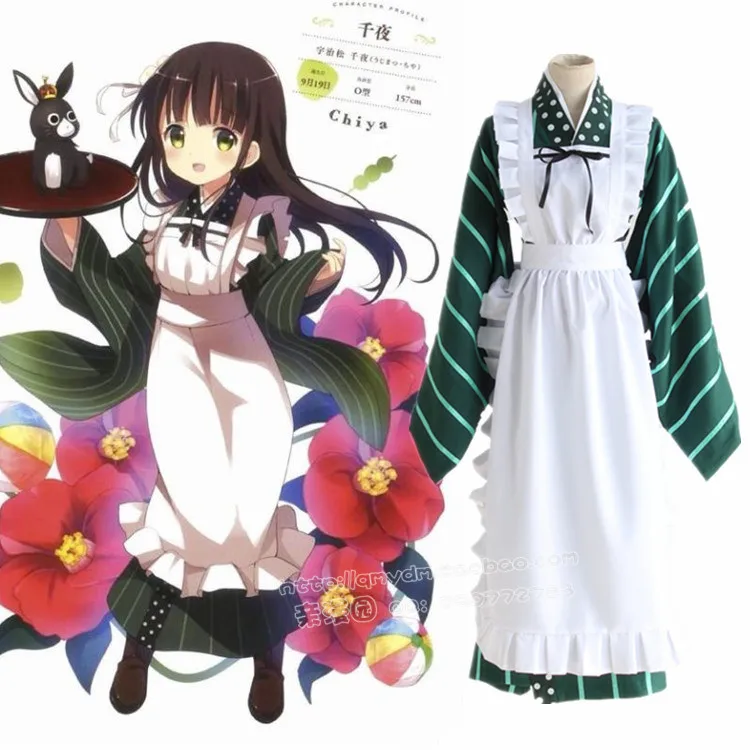 

Hot Anime Gochuumon wa Usagi Desuka cosplay Ujimatsu Chiya cos Maid costume Halloween kimono (kimono+apron+Headdress+belt)