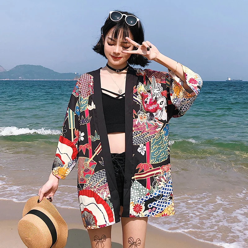 

Harajuku Retro Kimono Japanese Style Ulzzang Loose Seven-point Sleeve Kimono Graffiti Cardigan BF Sun Protection Clothing