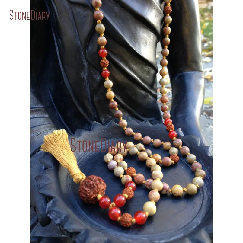 20180312-NM11061-Hand knotted Rainbow Jasper, Rudraksha & Carnelian Gemstone 108 Bead Mala healing nurture spiritual natural bohemian earthy