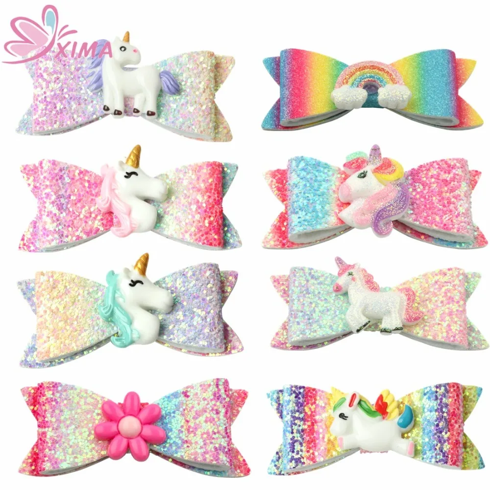 

1Piece 3inch Gradient Color Bow Mermaid Flamingo Unicorn Hair Clip Boutique Glitter Bows Hairgrips Girls Gift Hair Accessories