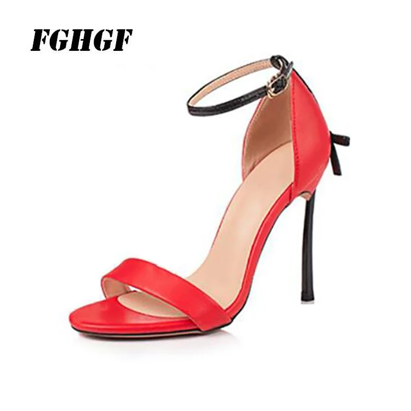 

Sheepskin sandals for lady with high heels In the new style with one word belt buckle spell color bow sexy thin heel 8cm and 10