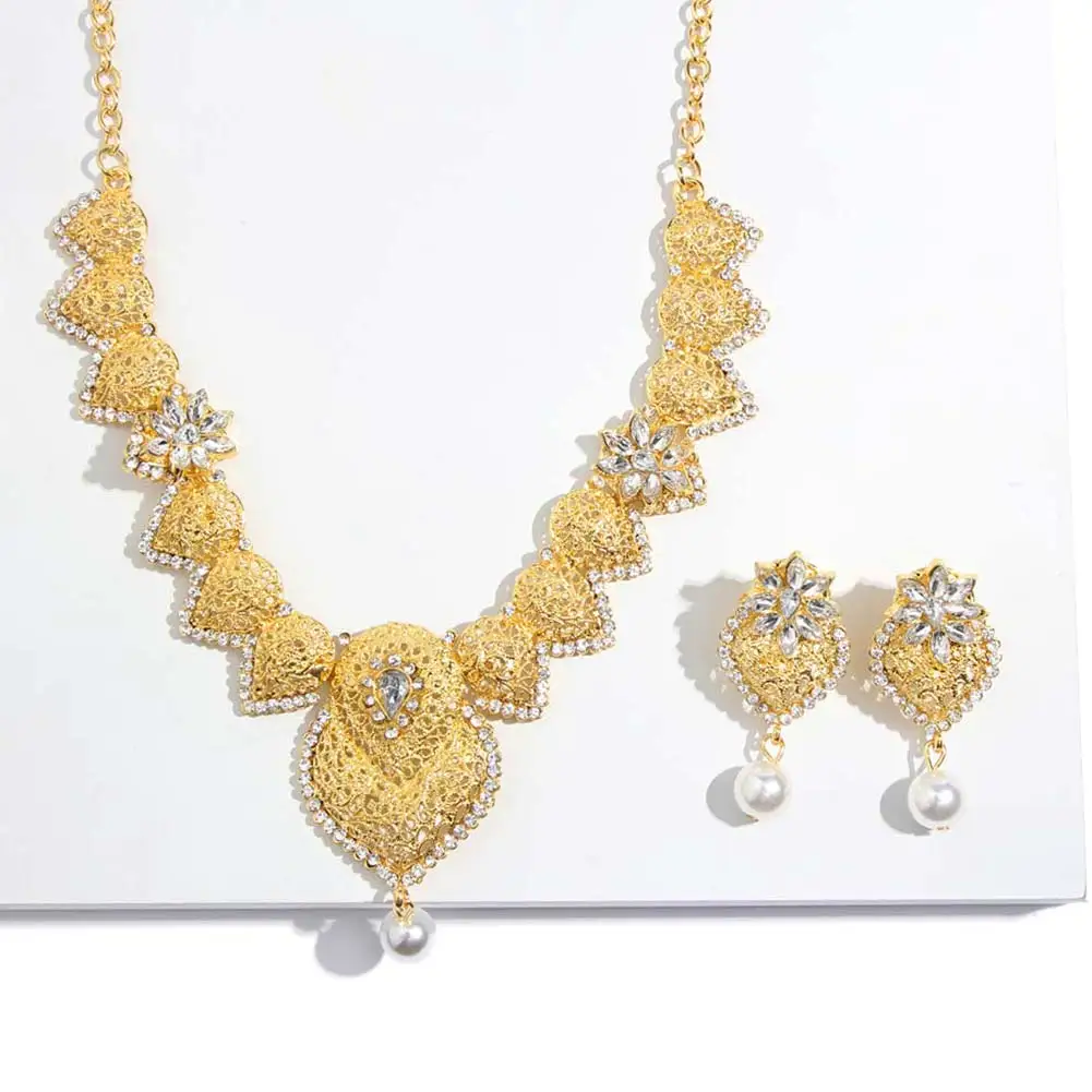 JUST FEEL набор украшений для женщин из хрустальных бусин, индийская Свадебная мода, имитация жемчуга, золотой цвет, Дубай, арабское ожерелье, серьги, набор