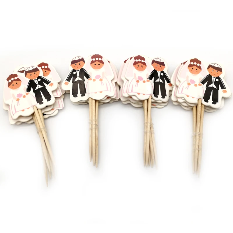 

24pcs/lot Decoration Engagement Wedding Party Cake Topper Groom and bride Favors Theme Cupcake Toppers With Sticks