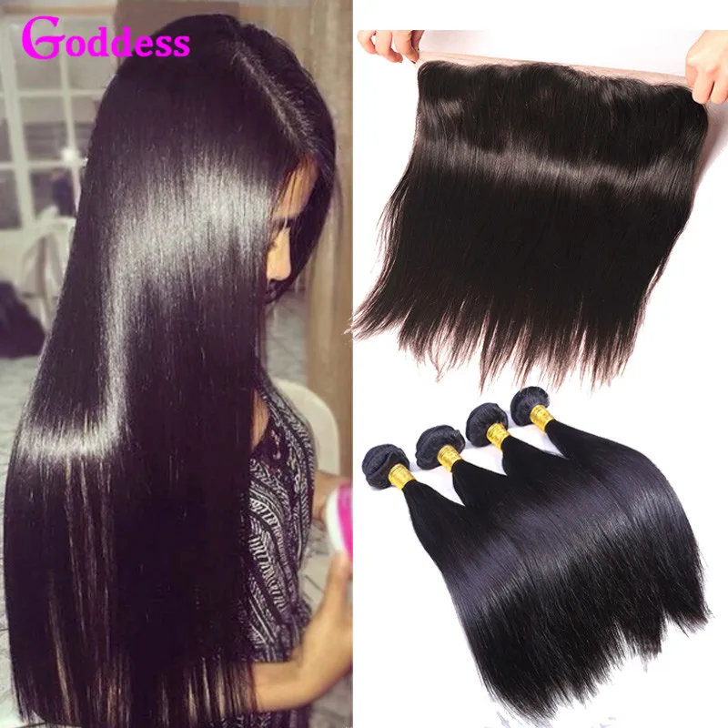 Peruvian Virgin Hair With Closure Rosa Hair Products Straight Hair With Closure Ear To Ear Lace Frontal Closure With 3/4 Bundles
