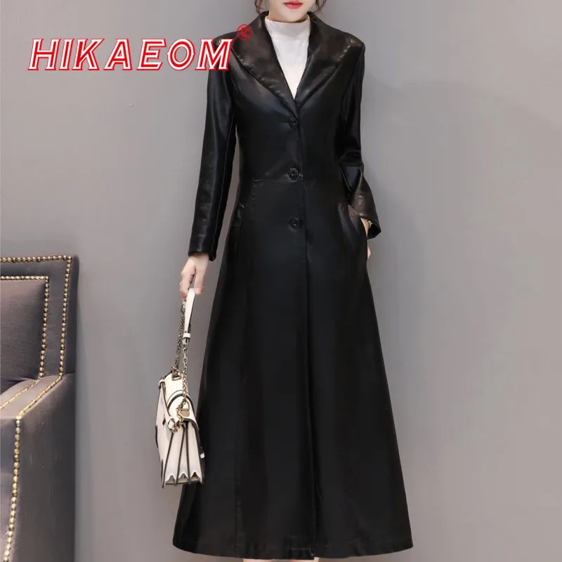 

Fashion Ladies' Faux Leather Long Jackets Women Pu Leather Trench Coat Plus Size Female Calf Length Outerwear 2018 Black Red 5XL