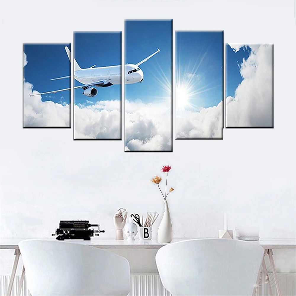 

HD printing 5 panel aircraft sunlight white cloud painting poster canvas modern living room home decoration wall art