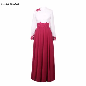

Ruby Bridal Vestido De Festa Long A-line Evening Dresses Burgundy Chiffon Appliques Luxury Long Sleeves Party Prom Gown KE51