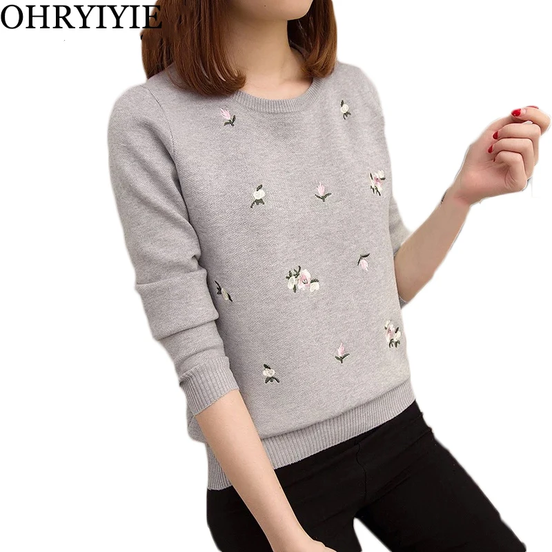 

OHRYIYIE Floral Embroidery Women Sweaters Autumn Winter O-neck High Elastic Knitted Pullovers Sweater Female Tops Tricot Jumper