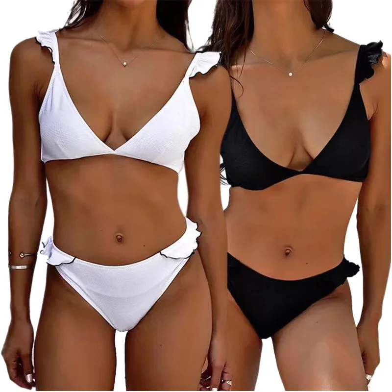 

2019 Sexy Solid Color Lotus Leaf Flying Side Beach Bikinii Bikini Ladies Split Swimsuit Low Waist bikini set Black white