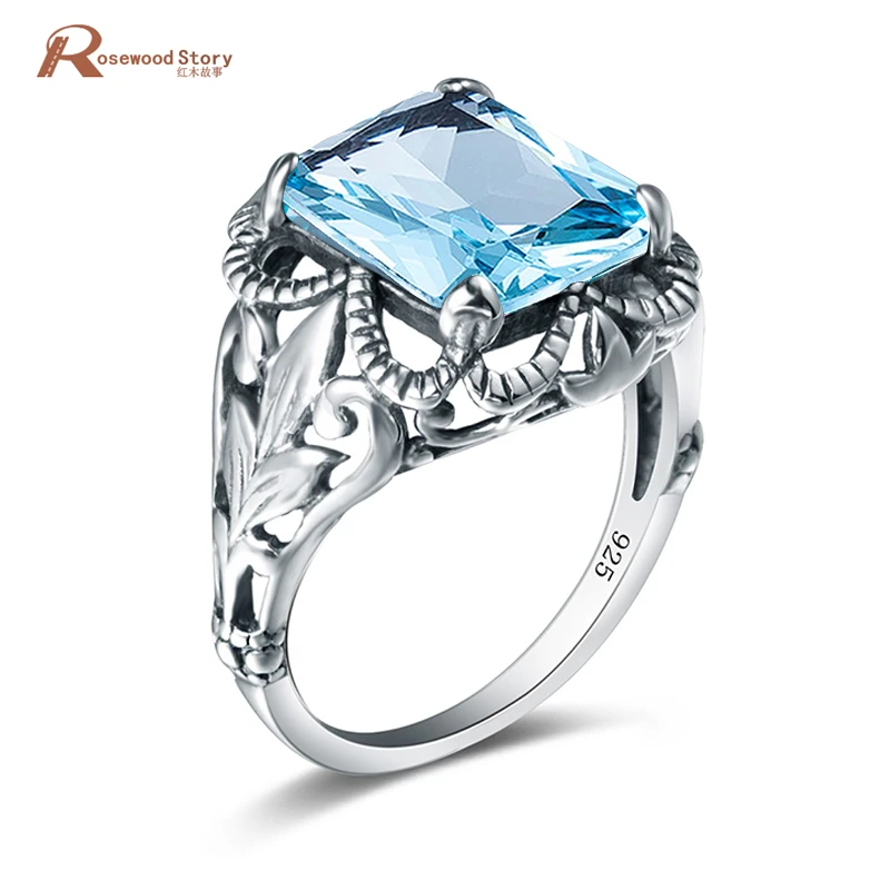 925 Sterling Silver Ring Blue Topaz Aqua Radiant Shape Gemstone Ring Gift for Women Vintage Ring Free Shipping