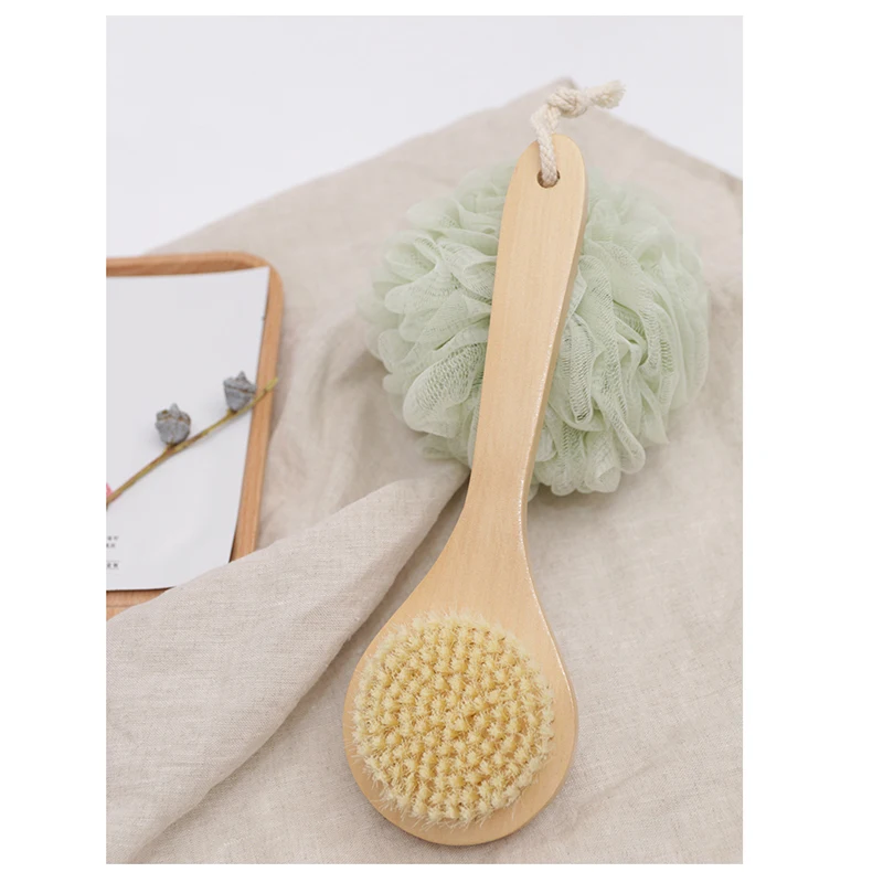 Wood Handle Bath Brush Solid Wooden Exfoliating Back Tool Natural Soft Hair Body Cleansing Artifact Massager Stress Relax 1pc wooden bath brush natural sisal plant fiber exfoliating promoting blood circulation body massage