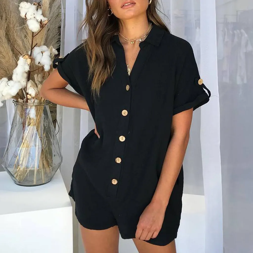 

Jumpsuit high waist women rompers business black button loose plus size short V-neck jumpsuit Ladies casual playsuit