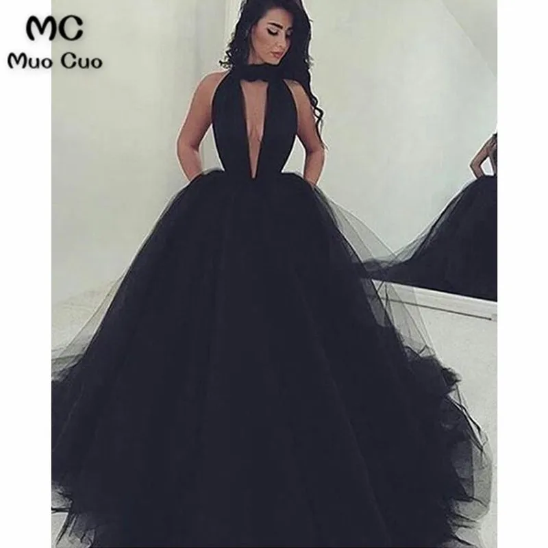 SEXY PROM DRESS, A-LINE V-NECK LONG BLACK TULLE PROM DRESS EVENING DRESS_