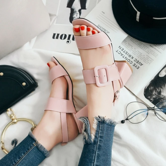 Women Sandals Plus Size 34-43 New Fashion Square High Heel Office Lady Pumps Woman Shoes Summer Student Casual Sandal Blue Pink (5)
