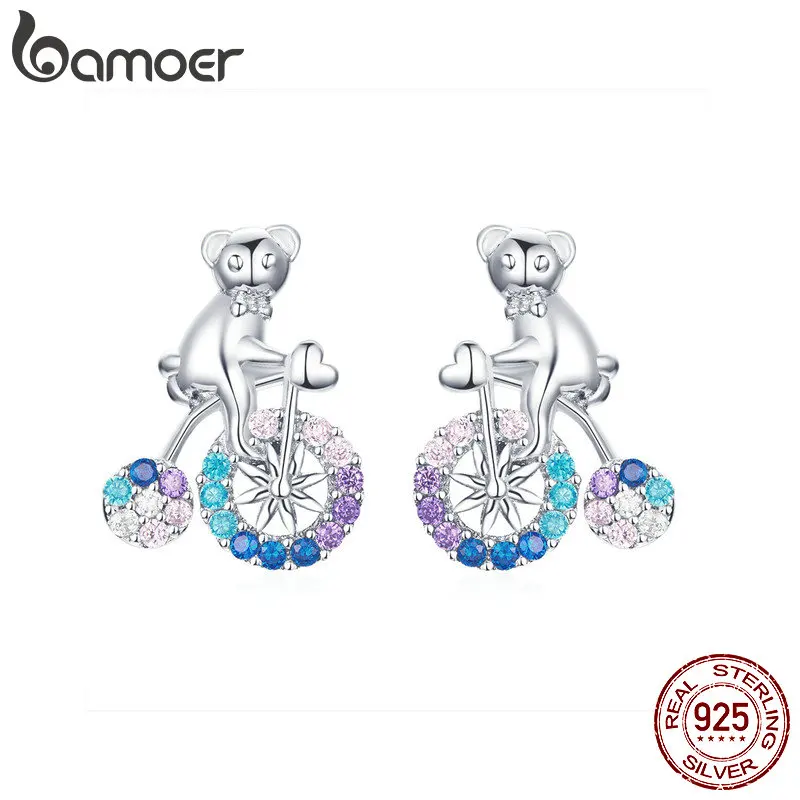 Bamoer цирк велосипед медведь Разноцветные серьги для женщин 925 пробы Серебряное сердце любовь ювелирные изделия подарки ко дню Святого Валентина SCE677