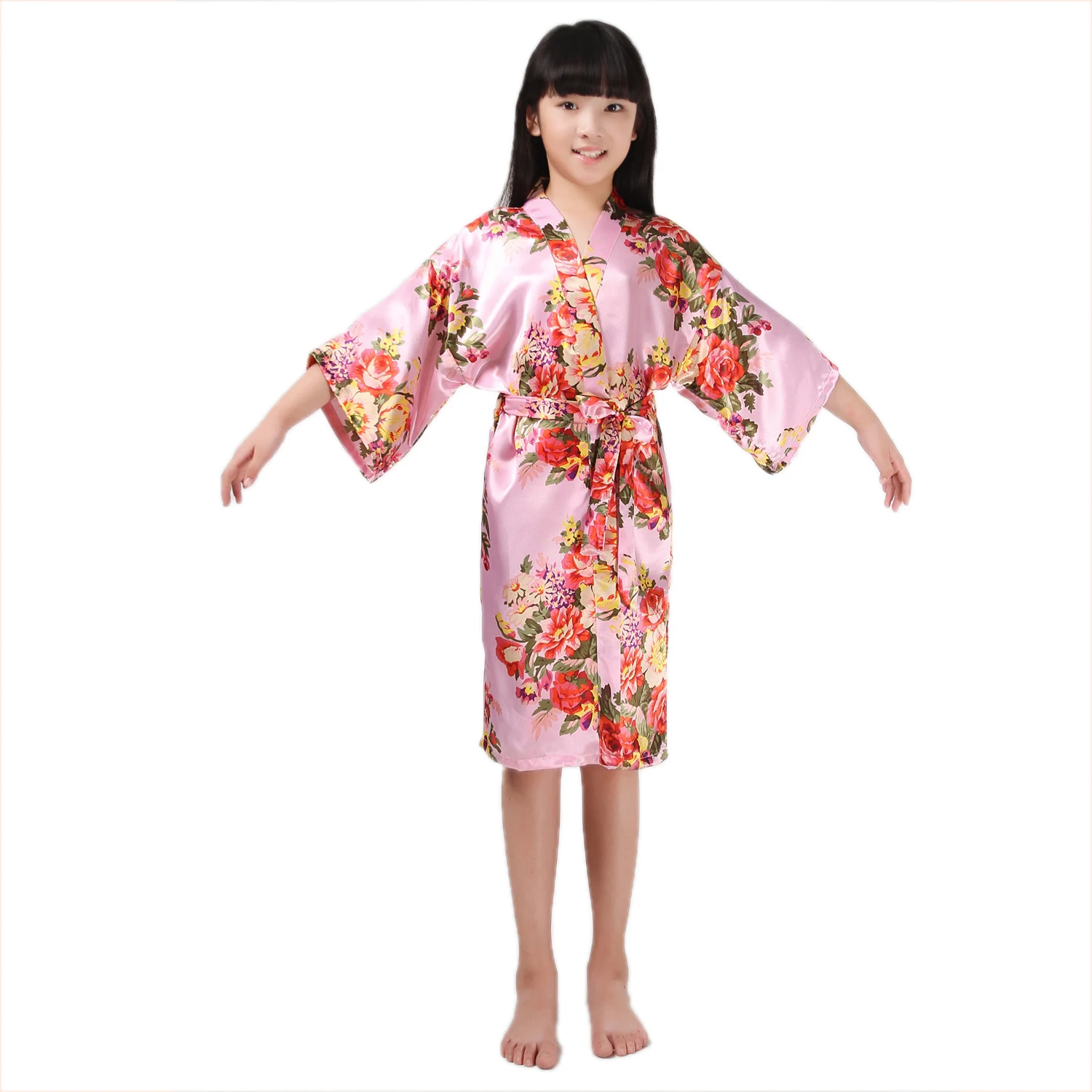 Детская шелковый халат в цветочек кимоно халат подружки невесты платье с цветочным узором для девочек банный халат, одежда для сна, ночная сорочка, одежда для сна, Домашняя Пижама - Цвет: Черный