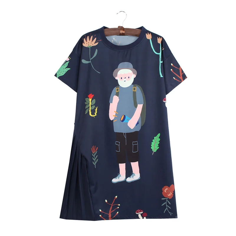 

Lychee Harajuku Korean Summer Women Dress Digital Printing Side Seam Stitching Short Sleeve Casual Loose Dress
