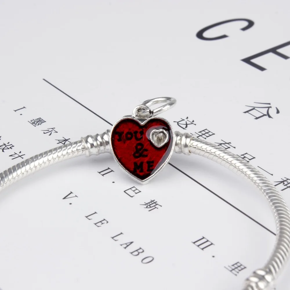 5PCS Trendy Red Enamel Heart Pendants You&Me Love Charm For Pandora Bracelet Necklace Jewelry
