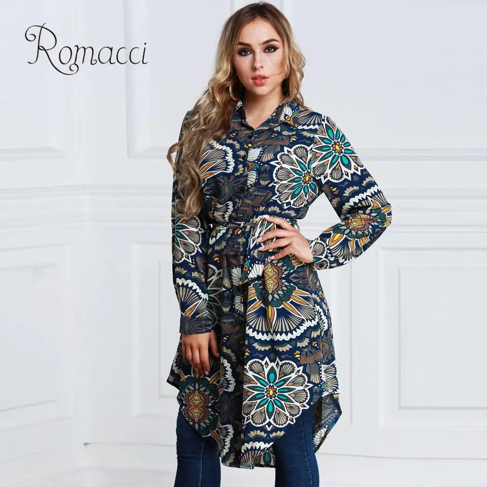 Romacci Womens Tops and Blouses Long Floral Print Shirt Blouse Turn-down Collar Long Sleeve Asymmetric Long Shirt 5XL 6XL 7XL