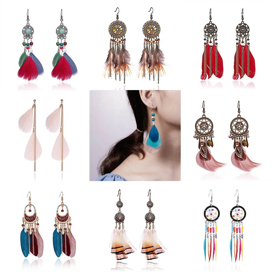 

Feather Dangle Earrings for Women Boho Long Tassel Dreamcatcher Owl Leaf Flower Geometric Drop Earrings Wedding Jewelry Gift