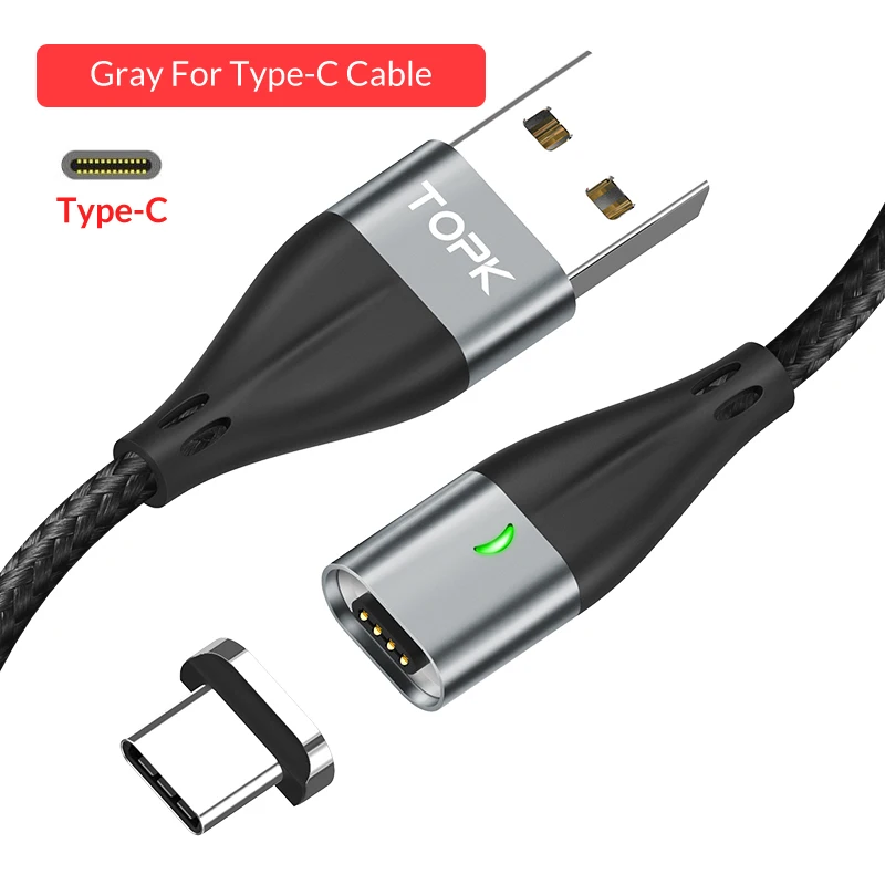 Магнитный кабель TOPK 1M 3A type-c для быстрой зарядки Xiaomi Redmi Note 7, usb-кабель для samsung huawei type-C, кабель для передачи данных - Цвет: Gray Cable