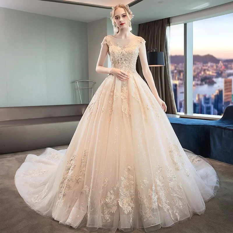 Robe De Mariage роскошное свадебное платье бальное платье с коротким рукавом Свадебные платья Шампанское принцесса свадебное платье с длинным хвостом