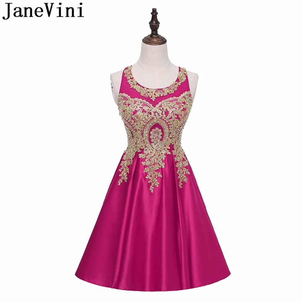 

JaneVini Homecoming Dresses With Gold Lace Appliques Beaded Short Prom Dress Girls Sleeveless Satin Graduation Bridesmaid Dress