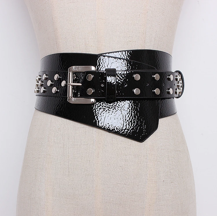 Patent Leather Waist Belts Women Black Red Pu Rivet Buckle Pin Belt For 