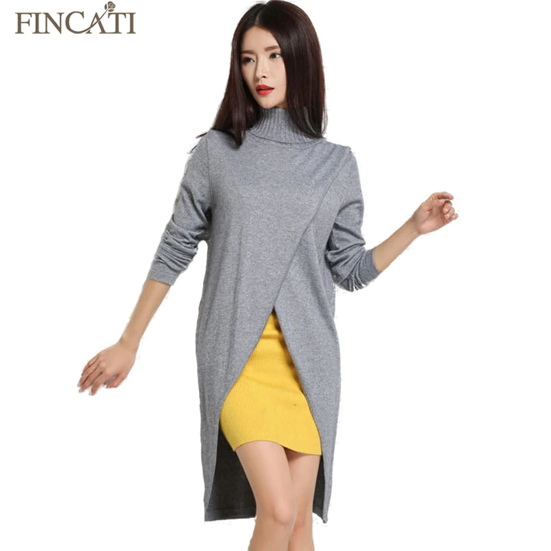 

Fincati 2018 Women's Autumn Turtleneck Cashmere Blend Dress Fashion Asymmetrical Hem Knitted Pullover Dresses All Match Knitwear