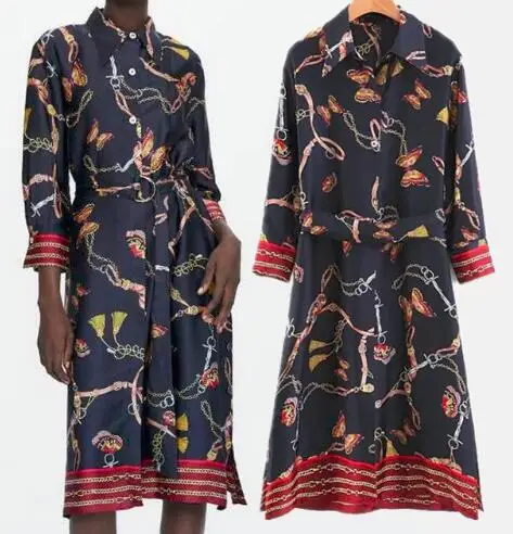 

Big Discount 2018 Autumn chain print dress New Pattern Long Sleeve Chain Printed Dress Scarf Print Vintage Dress