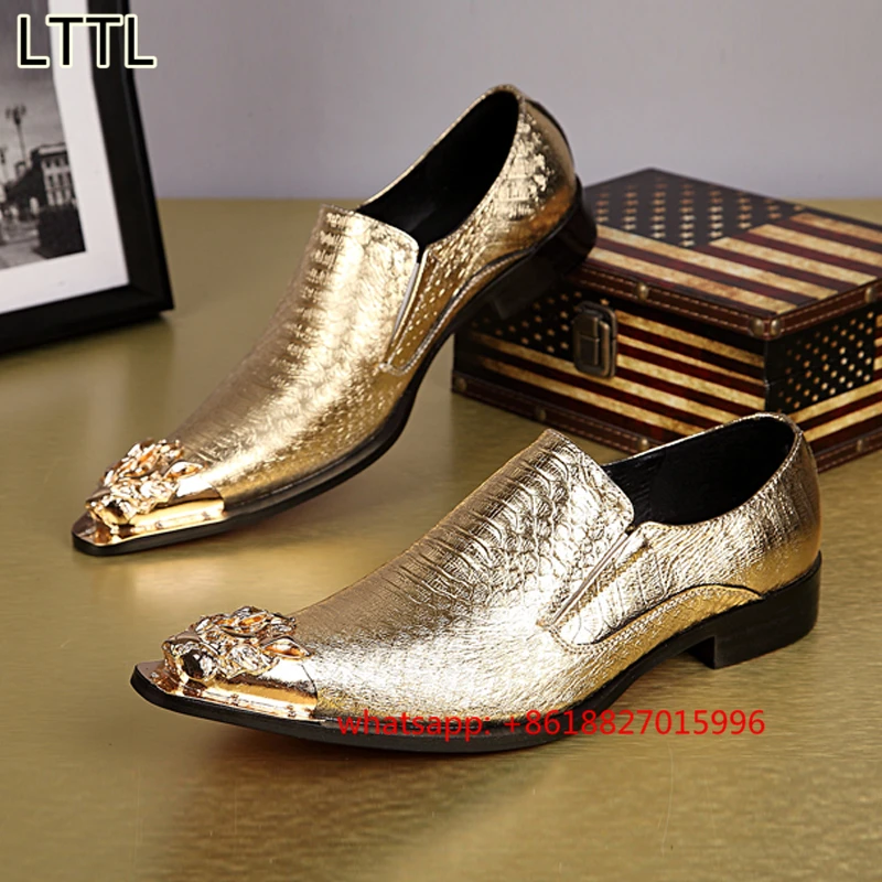 Luxury Brand Gold Dragon Metal Toe Men Dress Shoes Oxfords Fashion Slip On Wedding Party Nightclub Male Leather Shoes Men Flats