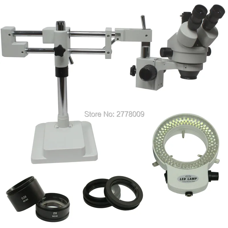 3.5X 90X Double Arm Boom Stand Trinocular Stereo Zoom Microscope For