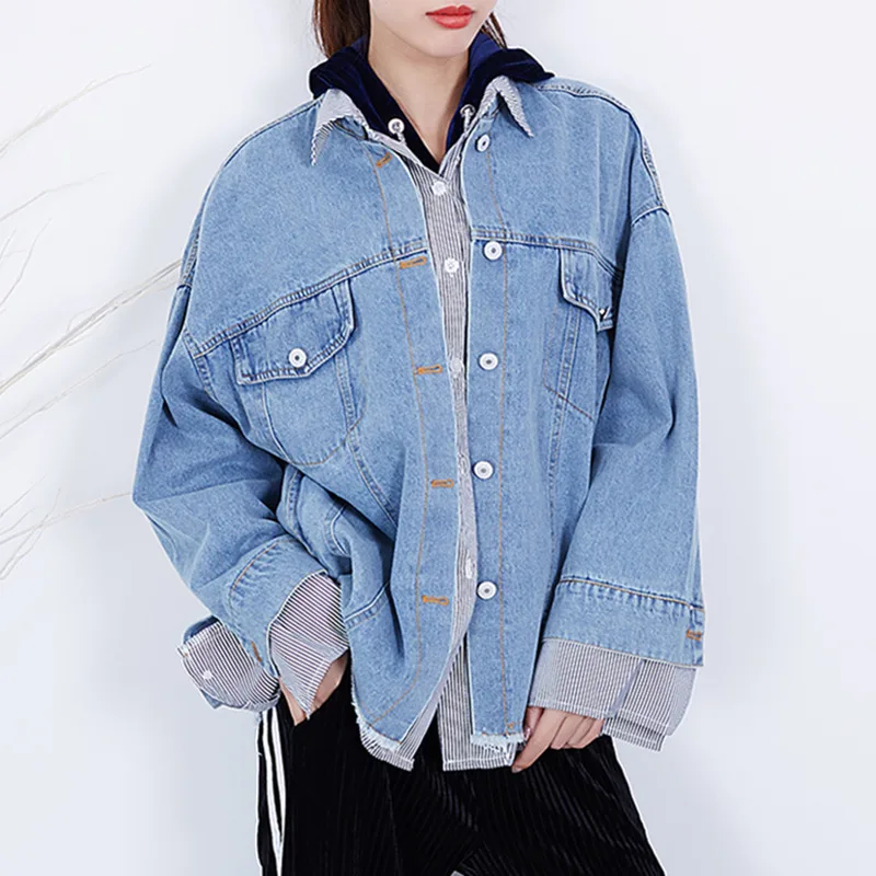 Lâche Automne Denim Dames Patchwork Pièces Faux Femme Mode Blue Manteaux Pardessus Z175 Printemps Veste À Manches Vinatge Longues Rayé Deux qwBAXa5