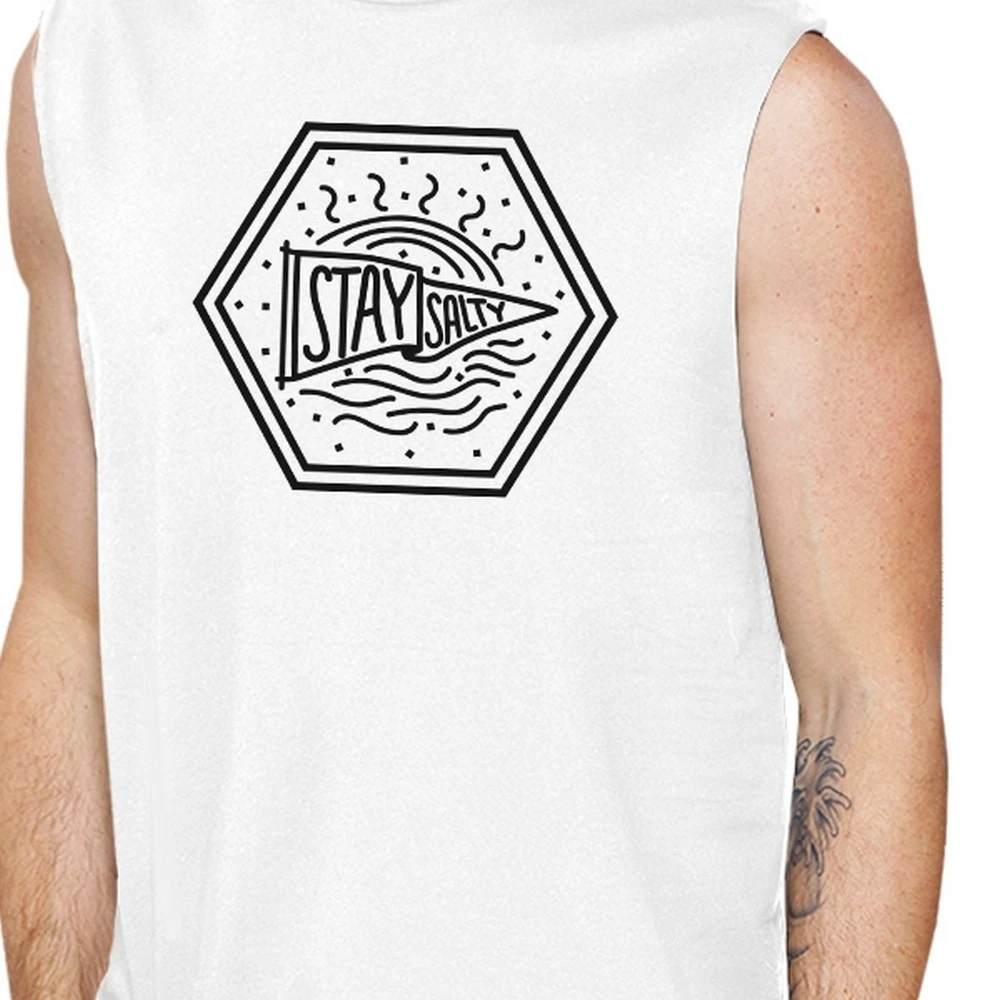 365 Printing Stay Salty Mens White Sleeveless Muscle Top Funny Graphic Tank Top (1)