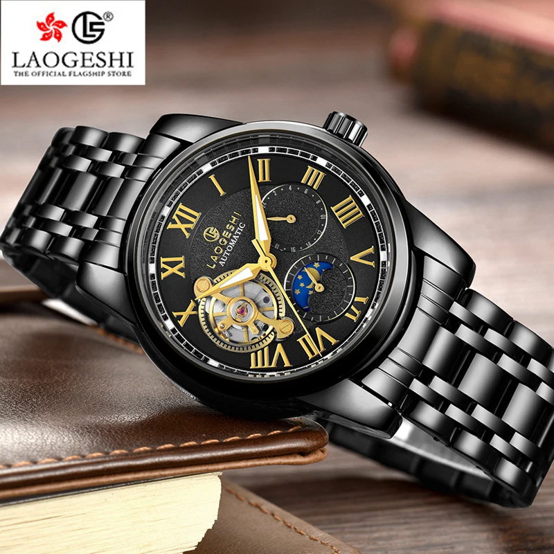 

LAOGESHI 6002A hollow mechanical men's watch Steel Strap waterproof sports gentleman gold 2019 top brand luxury man watches
