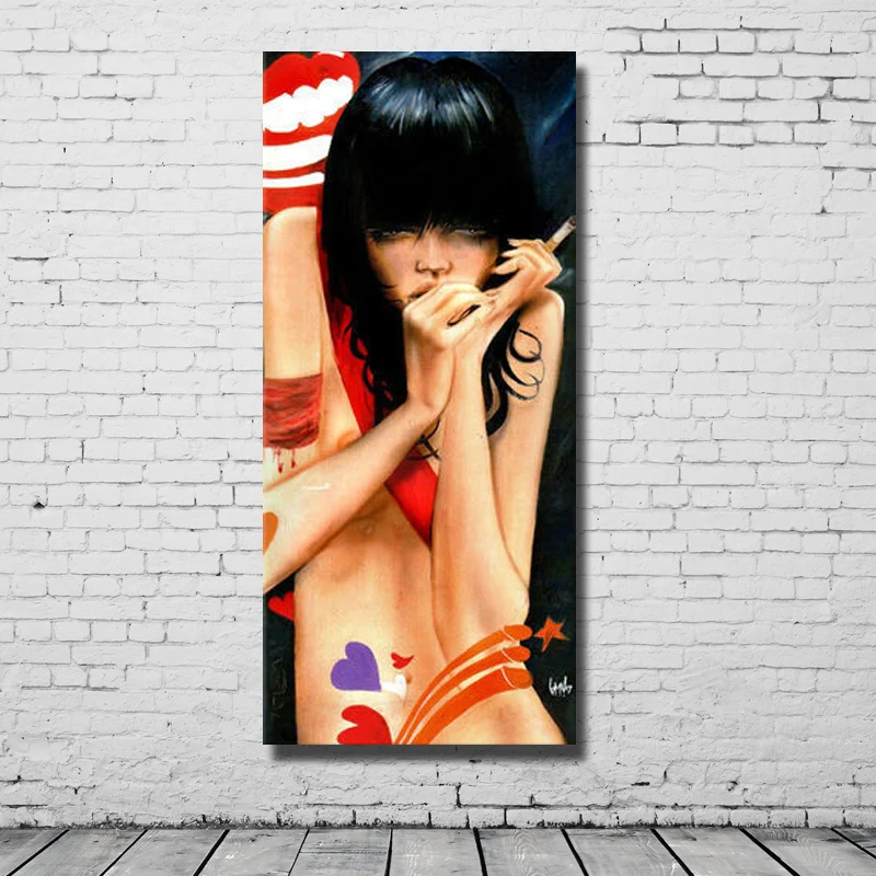 

Smoking girl picture modern hand paint large wall pictures for living room decoration multi panel canvas wall art
