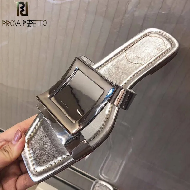 

Prova Perfetto Brand Design Silver Leather Slippers Women Fashion Flip Flops Beach Slippers Peep Toe Metal Buckle Flat Shoes New
