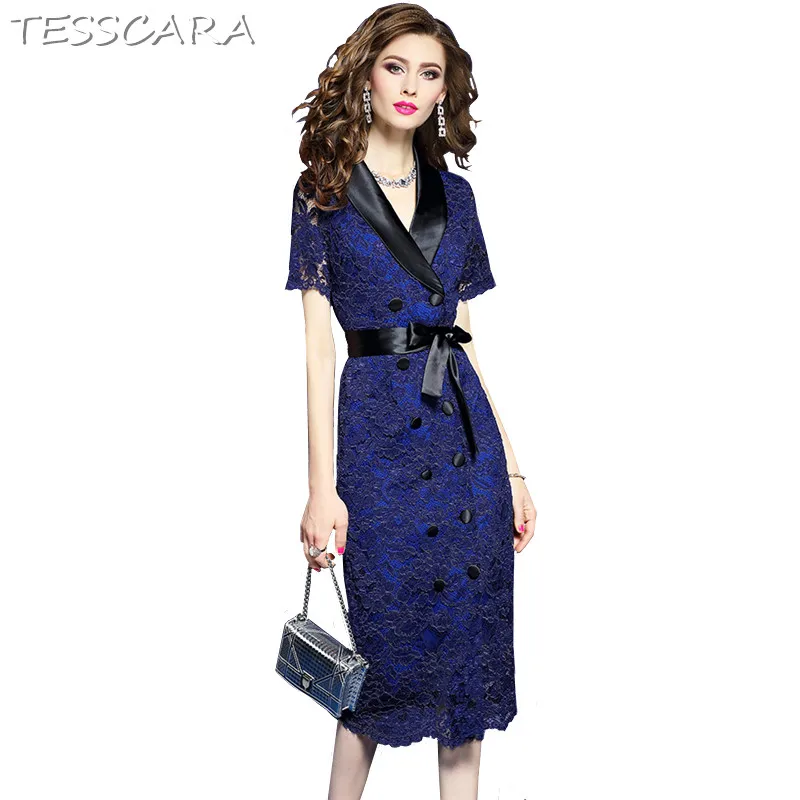 

TESSCARA Women Elegant Blue Lace Dress High Quality Female Office Lady Pencil Robe Femme Fashion Designer Long Party Vestidos