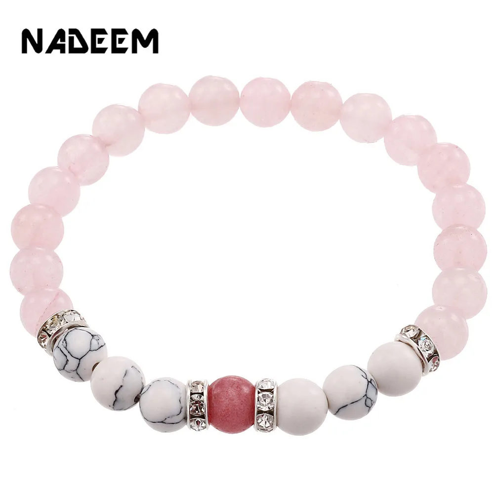 

Pink Quartz and White Turquoise Stone Bead Elastic Stretch Bracelet for Girl