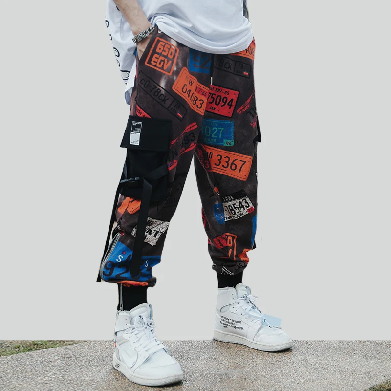

Men's Side Pockets Harem Pants Hip Hop Casual Ribbons Creative Printing Male Joggers Trousers 2019 Fashion Streetwear Pant WA12
